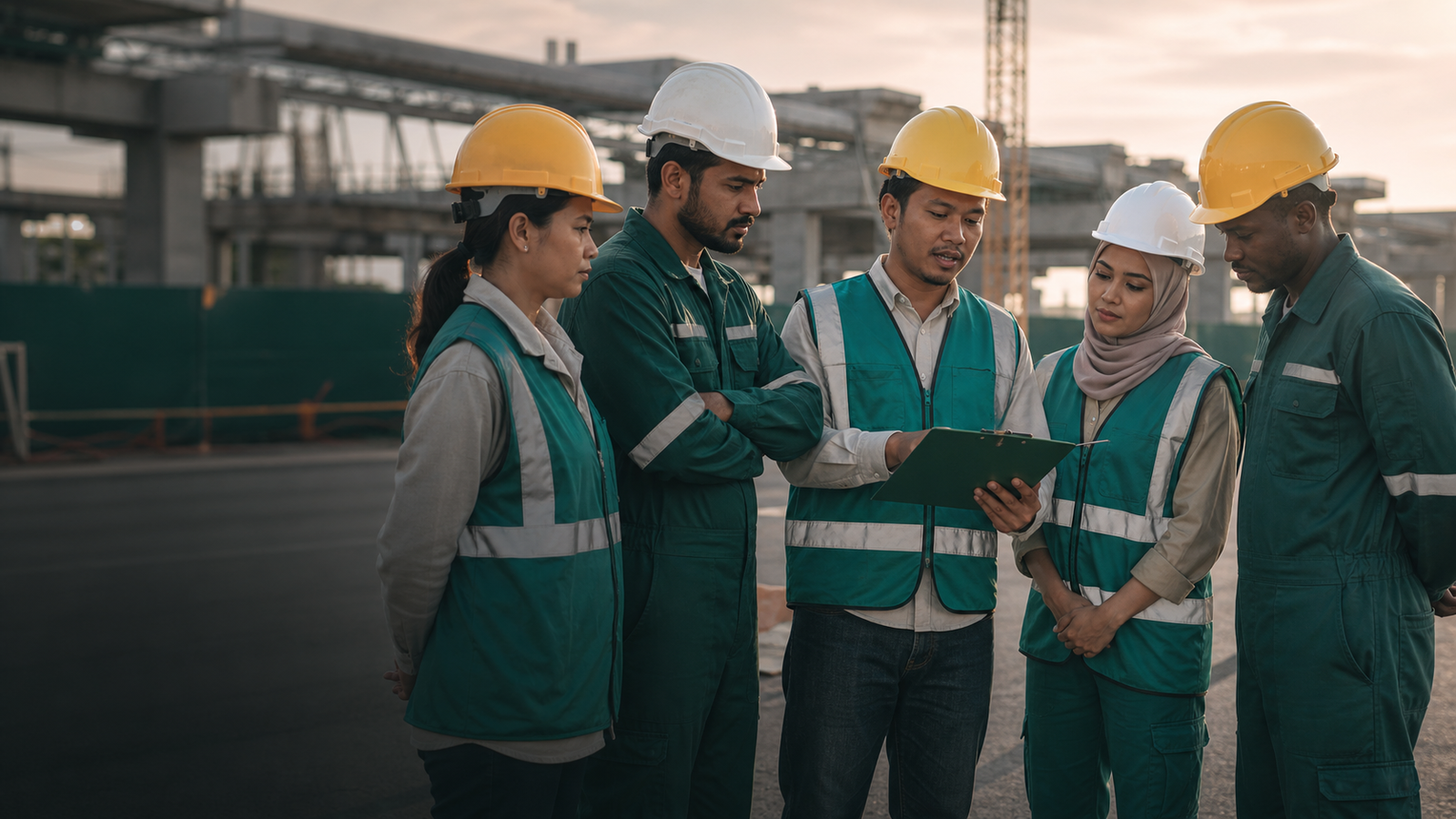 A diverse worker team discussing safety together at a worksite