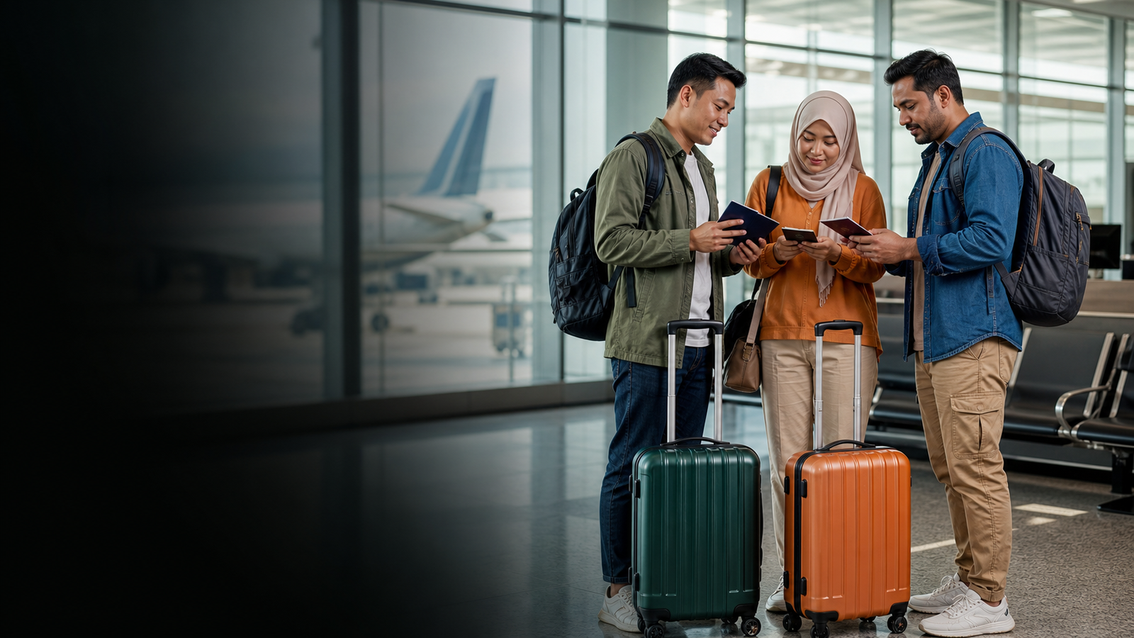 Migrant workers checking travel documents together at an airport